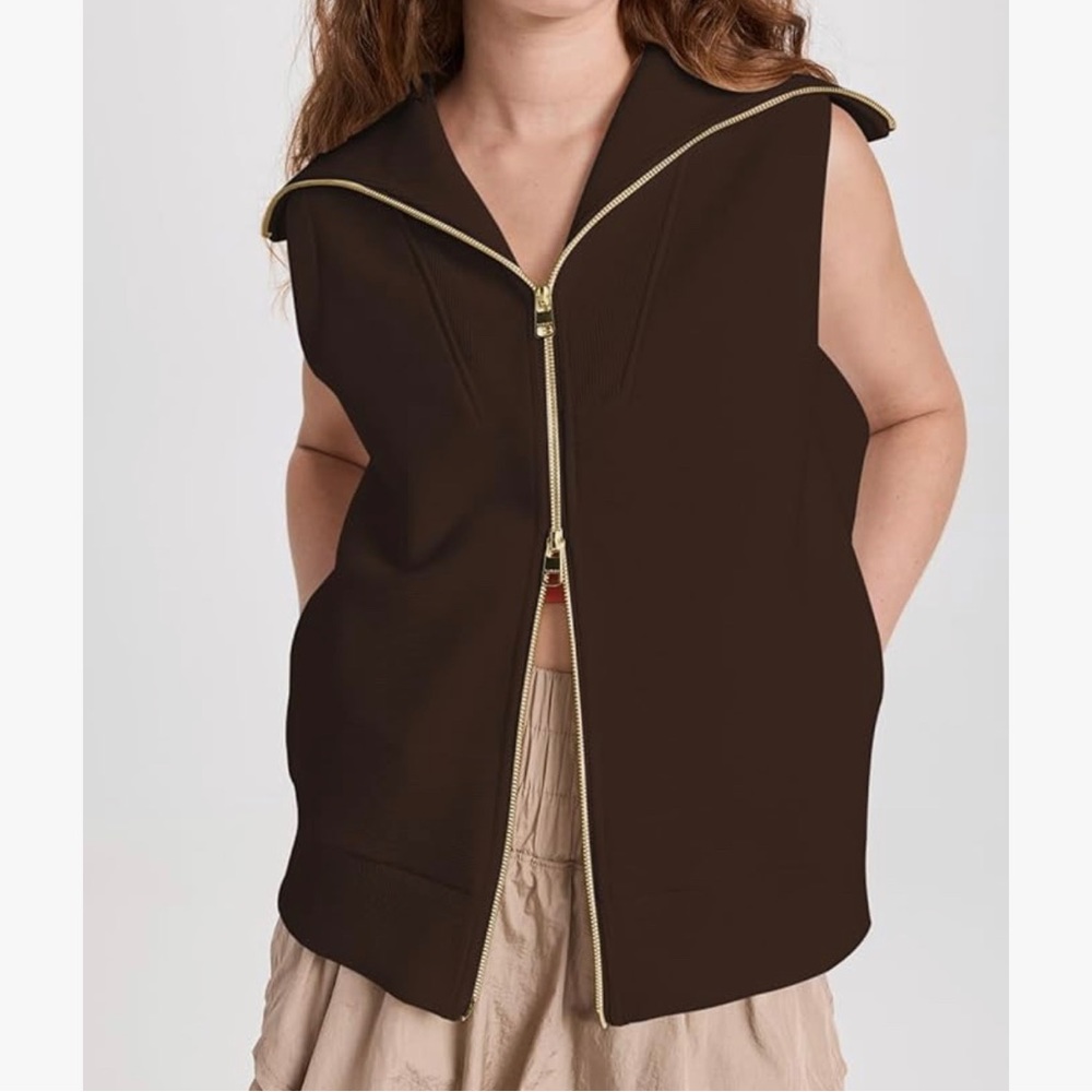 Women's Ribbed Zip Lapel Collar Sleeveless Sweatshirt Sweater Vest, small, brown